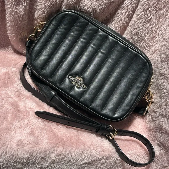 Coach Jes Quilted Camera Bag Black Leather Gold Hardware Crossbody Purse - Picture 2 of 9